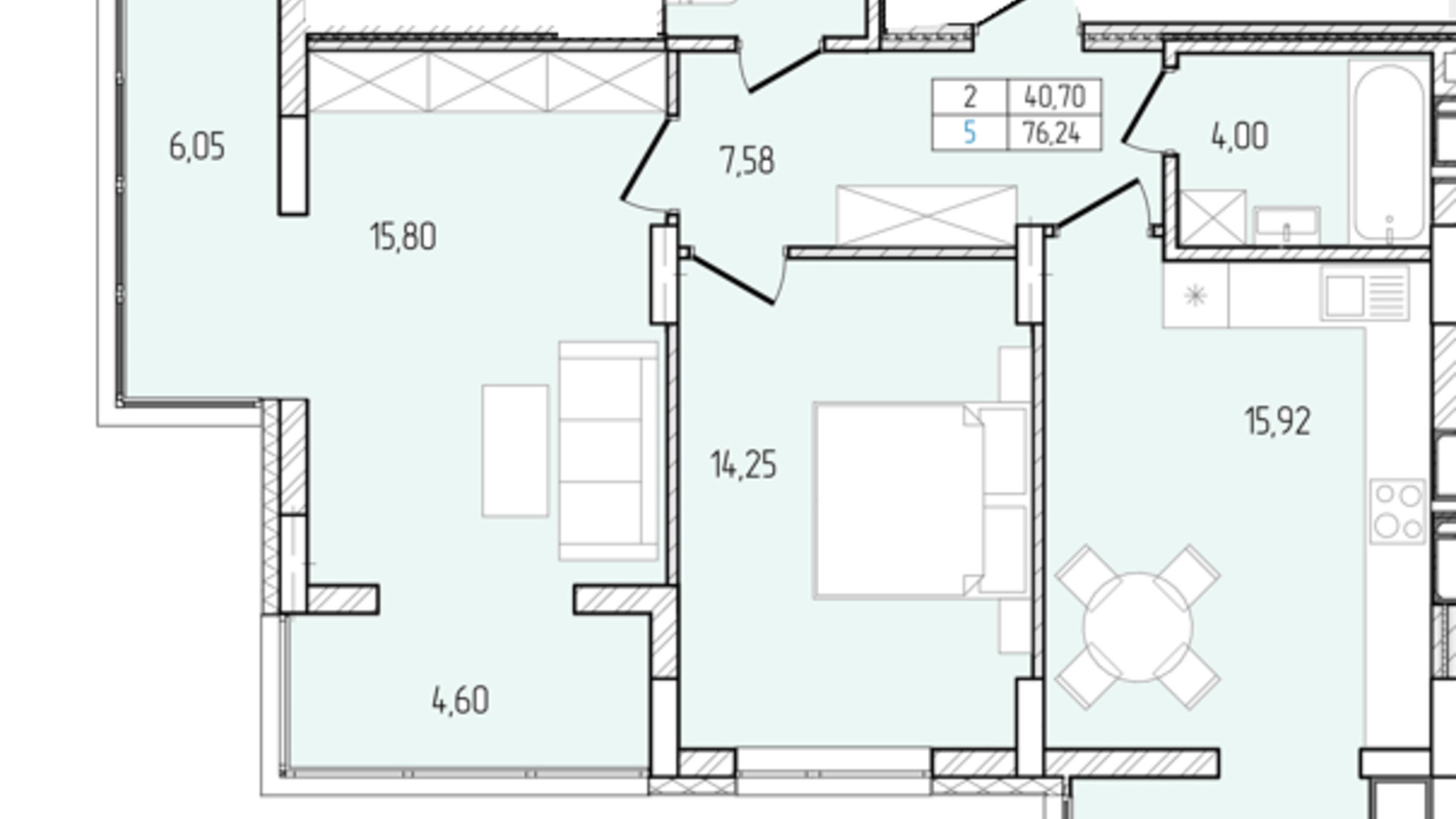 Планування 2-кімнатної квартири в ЖК Перемога 76.24 м², фото 685692