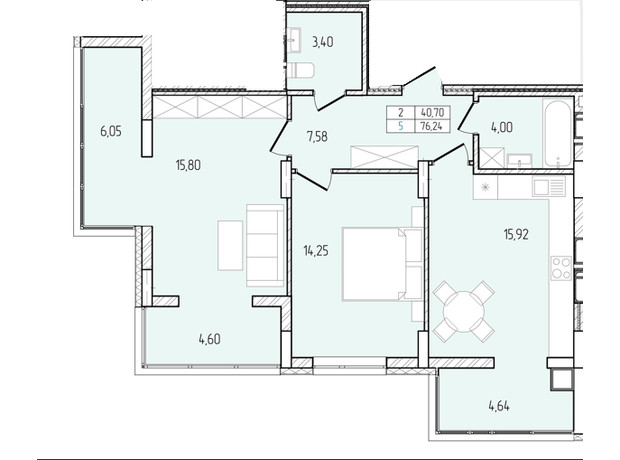 ЖК Перемога: планування 2-кімнатної квартири 76.24 м²