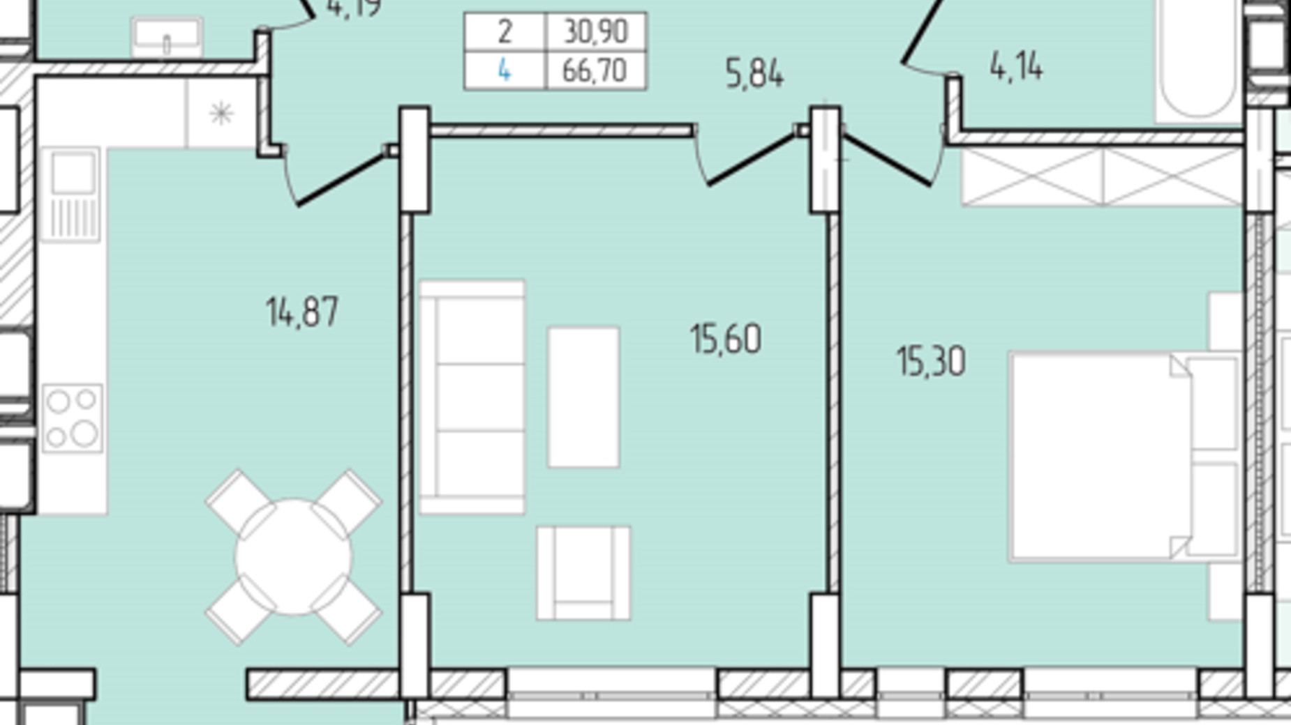 Планування 2-кімнатної квартири в ЖК Перемога 66.7 м², фото 685701