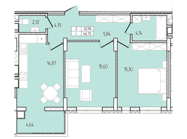 ЖК Перемога: планування 2-кімнатної квартири 66.7 м²