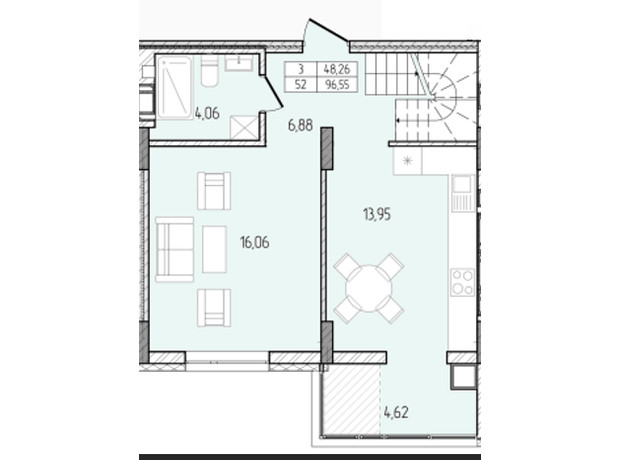 ЖК Перемога: планування 3-кімнатної квартири 96.55 м²