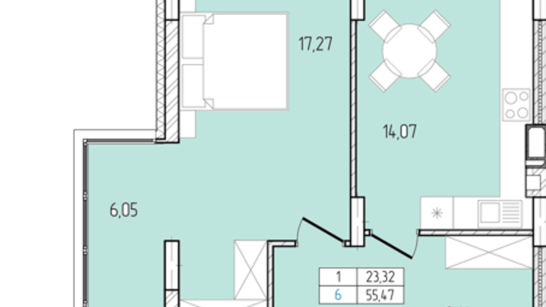 Планування 1-кімнатної квартири в ЖК Перемога 55.47 м², фото 685917