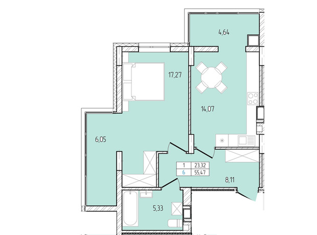 ЖК Перемога: планування 1-кімнатної квартири 55.47 м²