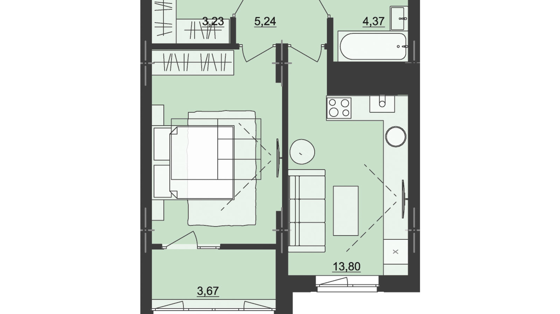 Планування 1-кімнатної квартири в ЖК Київський 45.05 м², фото 686024