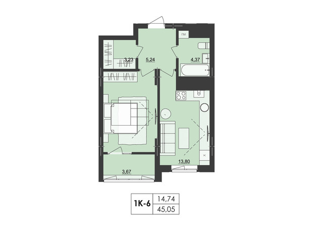 ЖК Киевский: планировка 1-комнатной квартиры 45.05 м²