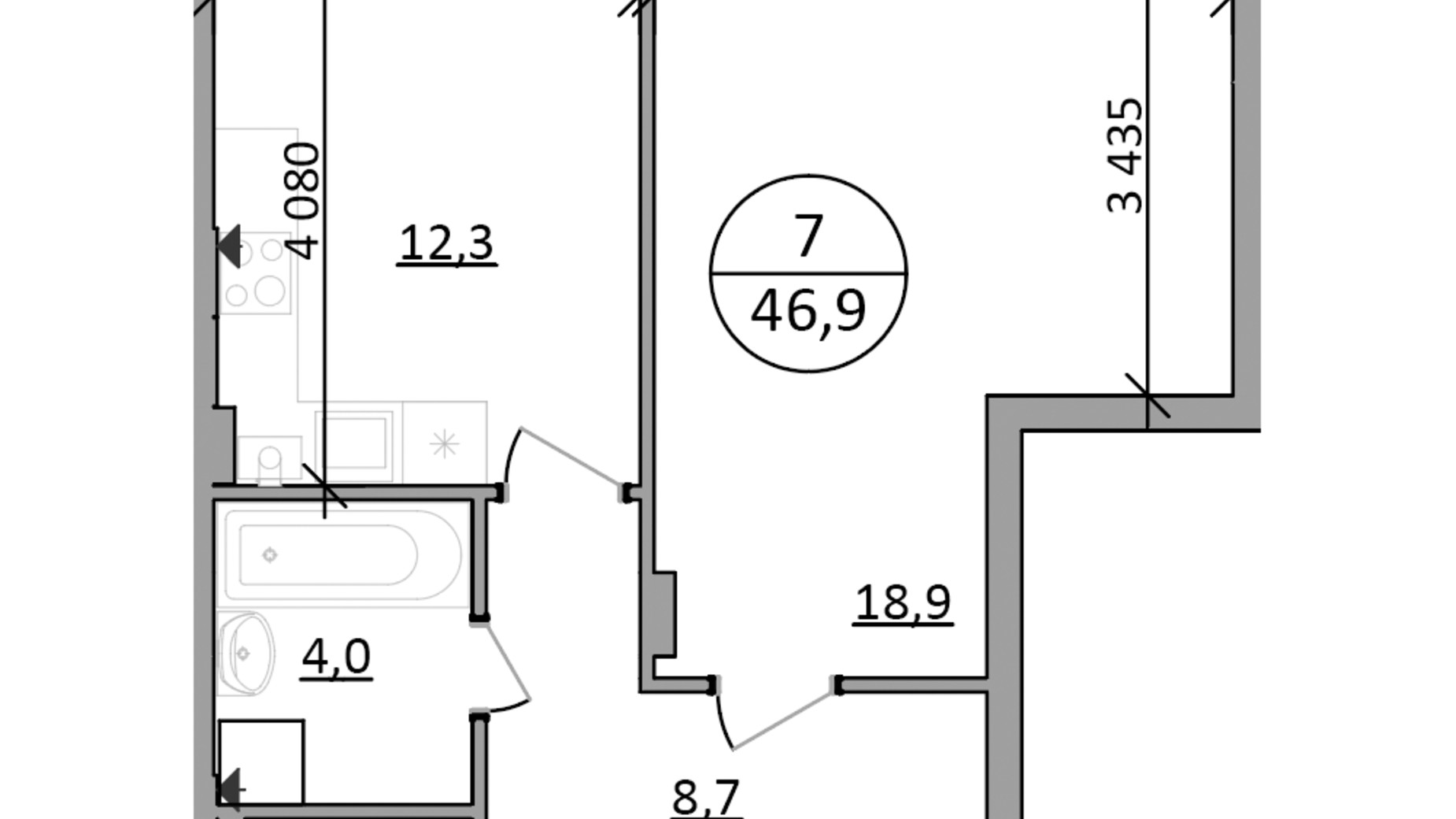 Планування 1-кімнатної квартири в ЖК Грінвуд-2 46.9 м², фото 686350