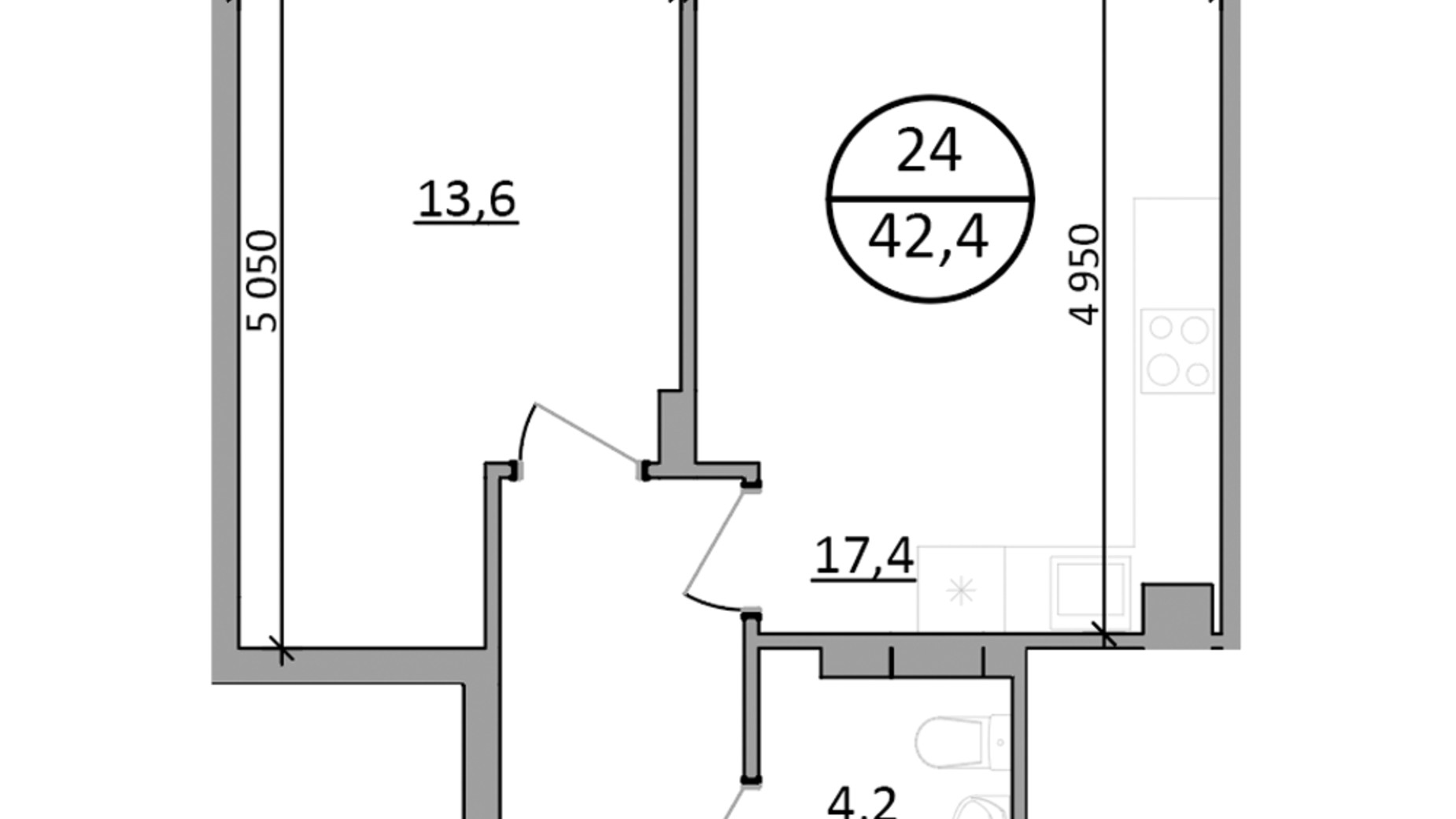 Планування 1-кімнатної квартири в ЖК Грінвуд-2 42.4 м², фото 686352