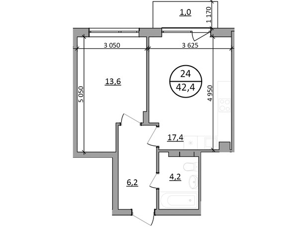 ЖК Грінвуд-2: планування 1-кімнатної квартири 42.4 м²