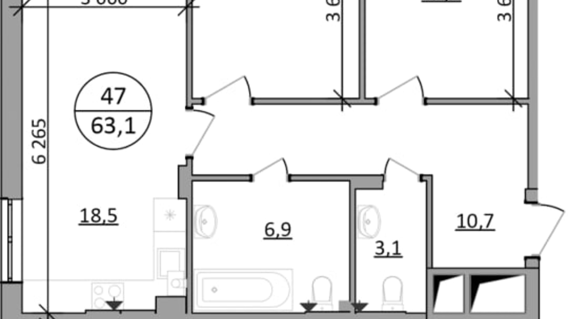Планировка 2-комнатной квартиры в ЖК Гринвуд-2 63.1 м², фото 686355