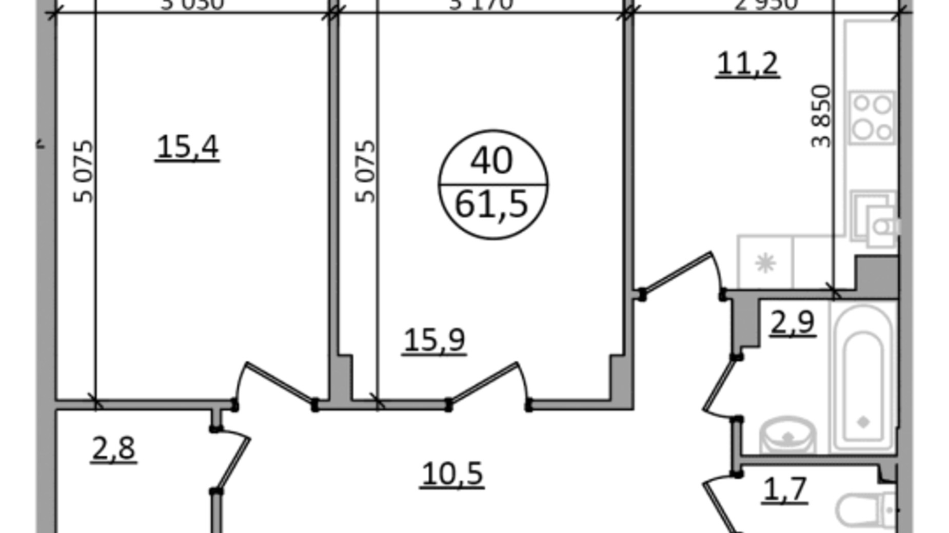 Планування 2-кімнатної квартири в ЖК Грінвуд-2 61.5 м², фото 686356