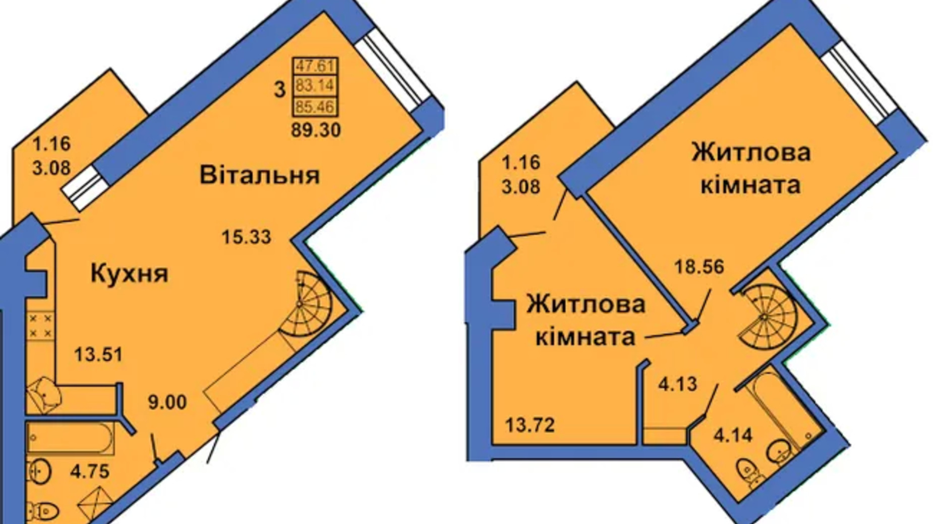 Планировка много­уровневой квартиры в ЖК ул. Весенняя, 9 89.3 м², фото 686360