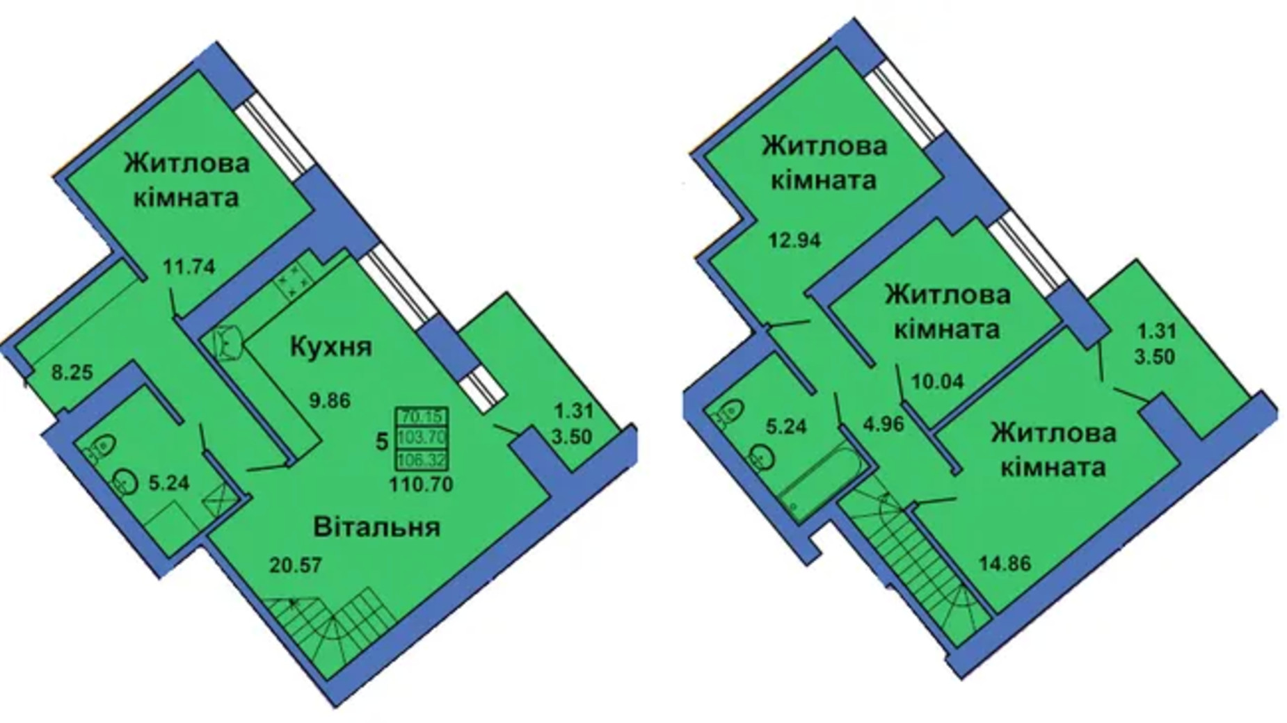 Планування багато­рівневої квартири в ЖК вул. Весняна, 9 110.7 м², фото 686362