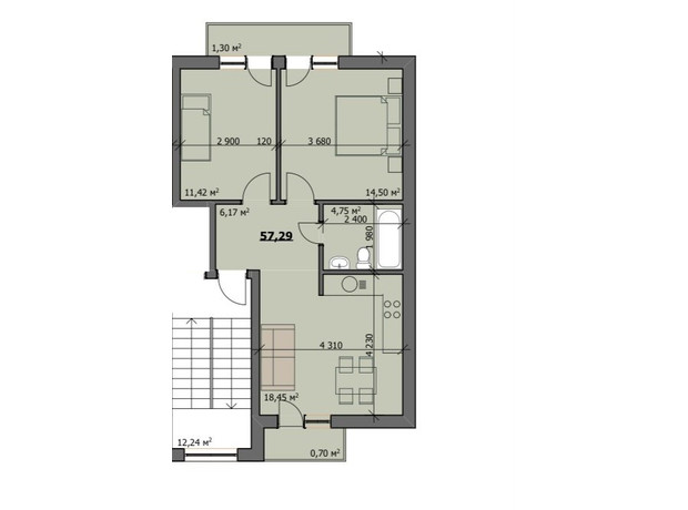 ЖК ул. Наливайко: планировка 2-комнатной квартиры 57 м²