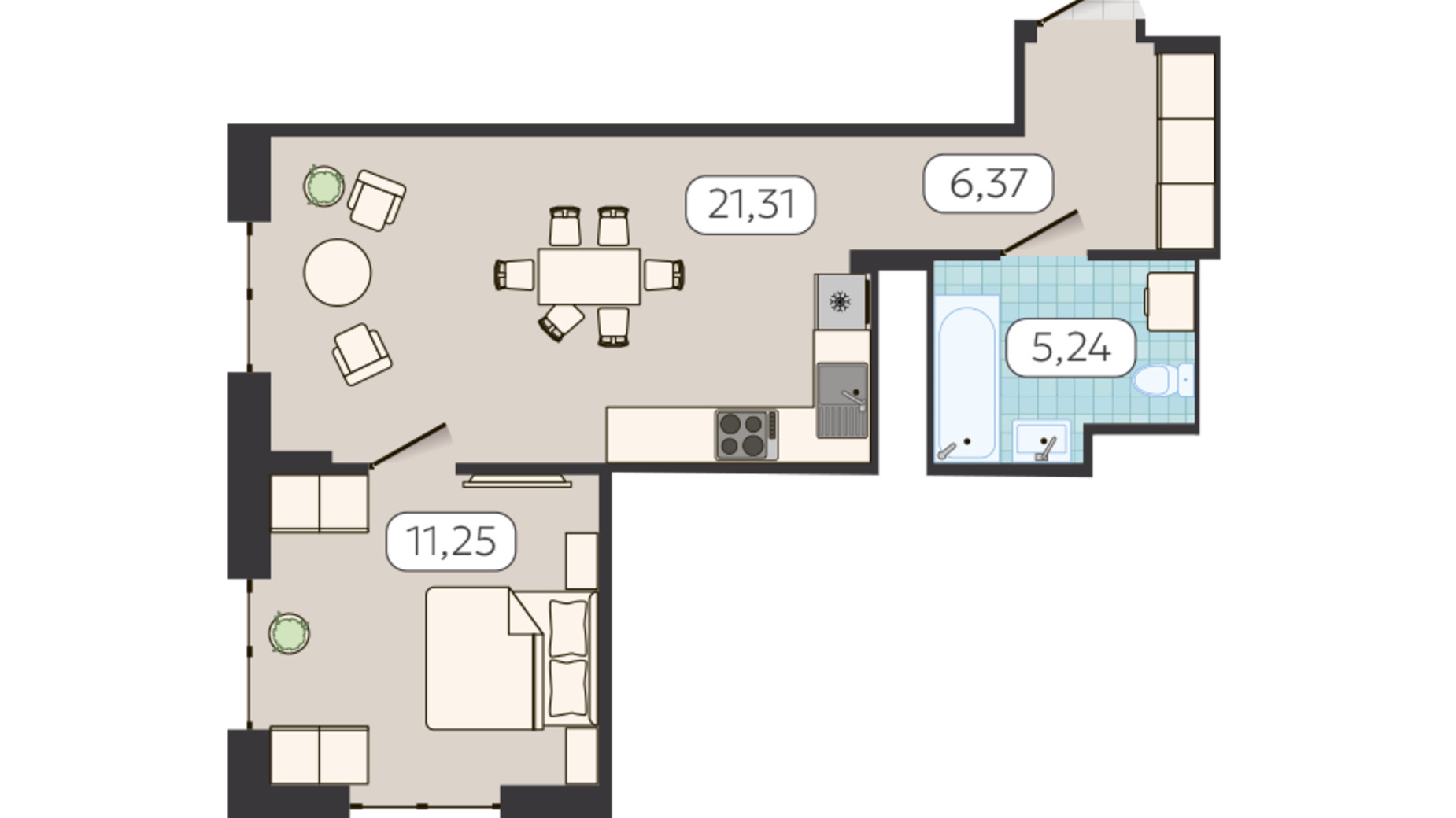 Планування 1-кімнатної квартири в ЖК Globus Balance 44.17 м², фото 686590