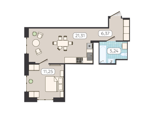 ЖК Globus Balance: планування 1-кімнатної квартири 44.17 м²