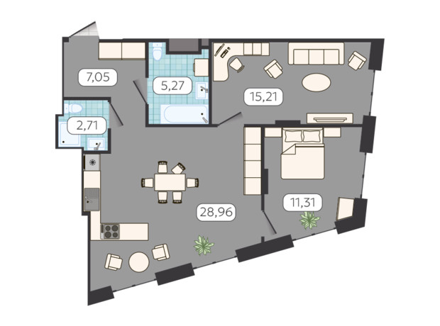 ЖК Globus Balance: планування 2-кімнатної квартири 70.51 м²