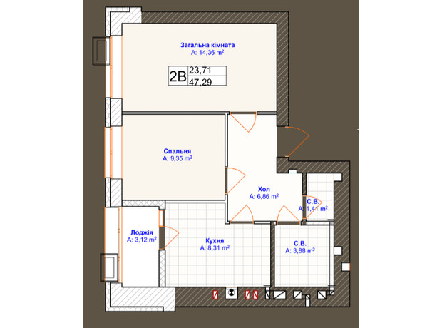 ЖК Grand Country Irpin: планування 2-кімнатної квартири 47.2 м²