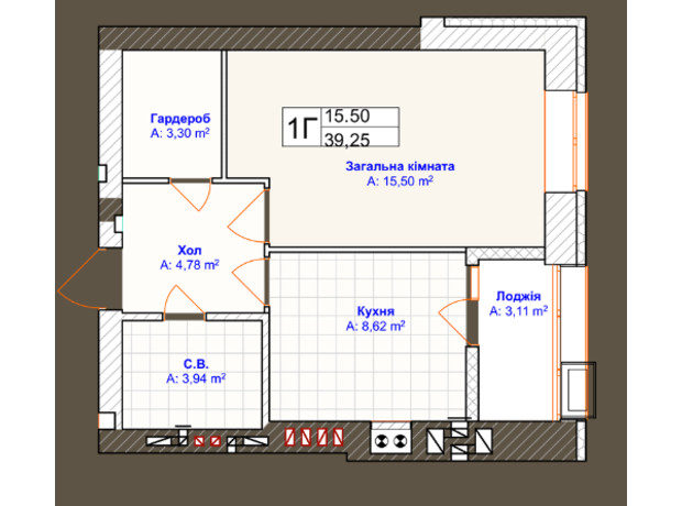 ЖК Grand Country Irpin: планування 1-кімнатної квартири 39.25 м²