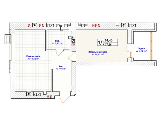 ЖК Grand Country Irpin: планировка 1-комнатной квартиры 47.9 м²