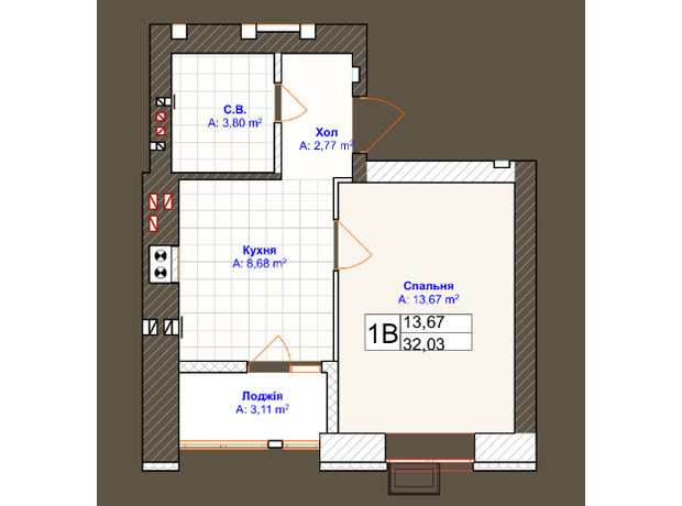 ЖК Grand Country Irpin: планування 1-кімнатної квартири 32.03 м²