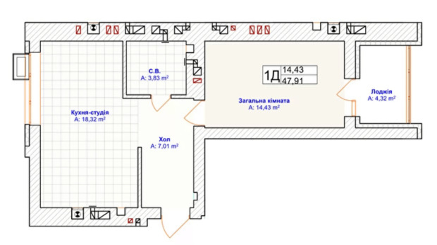 Планировка 1-комнатной квартиры в ЖК Grand Country Irpin 47.9 м², фото 686604