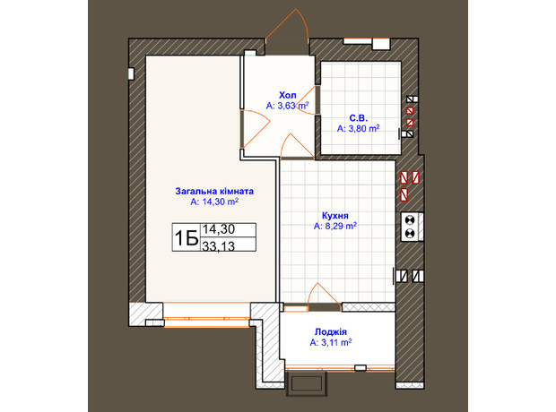 ЖК Grand Country Irpin: планировка 1-комнатной квартиры 33.1 м²