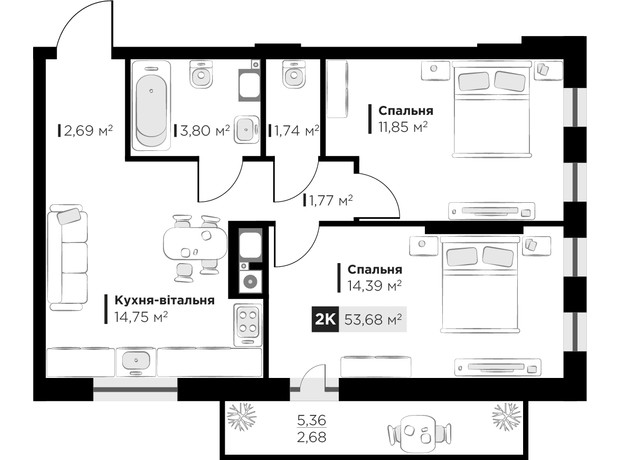 ЖК SILENT PARK: планировка 2-комнатной квартиры 53.68 м²