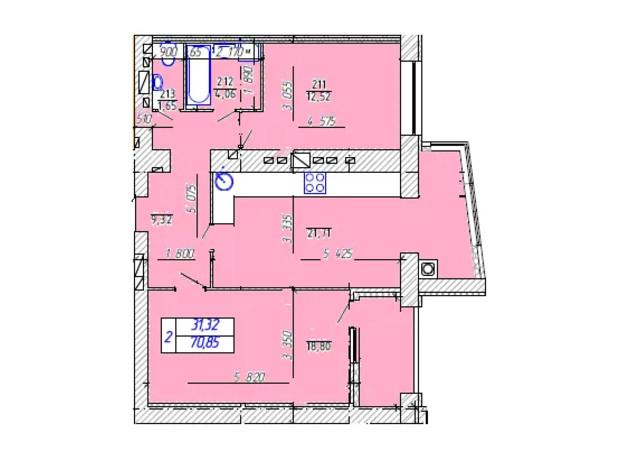 ЖК ул. Степана Бандеры, 32/1: планировка 2-комнатной квартиры 70 м²