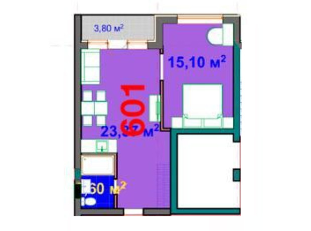 Апарт-комплекс Wood Apartments: планировка 2-комнатной квартиры 43 м²
