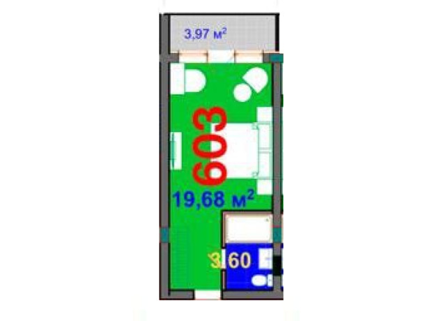 Апарт-комплекс Wood Apartments: планировка 1-комнатной квартиры 24.52 м²