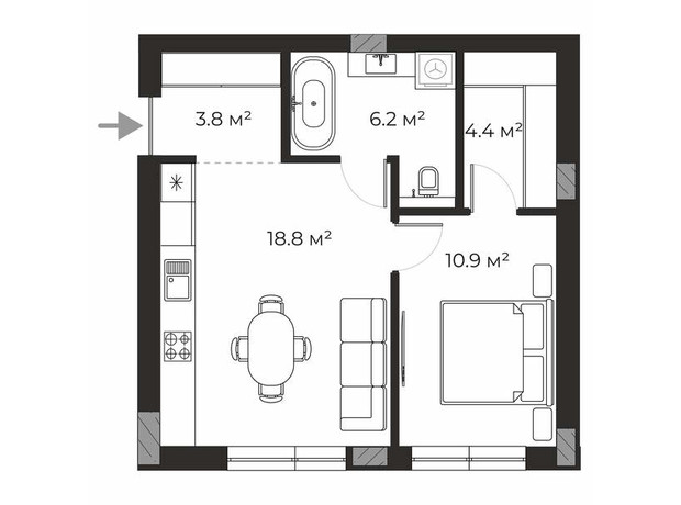 ЖК Sherwood: планировка 1-комнатной квартиры 44.4 м²