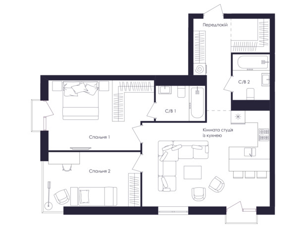 ЖК Avalon Up: планировка 2-комнатной квартиры 75 м²