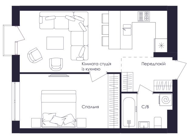 ЖК Avalon Up: планування 1-кімнатної квартири 48 м²