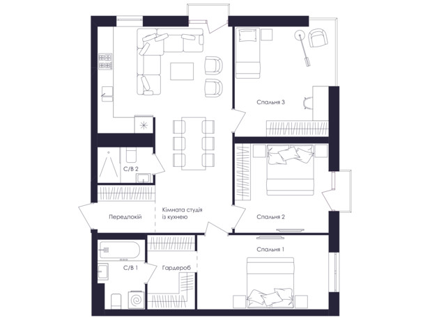 ЖК Avalon Up: планування 3-кімнатної квартири 84 м²