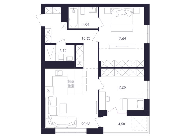 ЖК Avalon Up: планировка 2-комнатной квартиры 70 м²