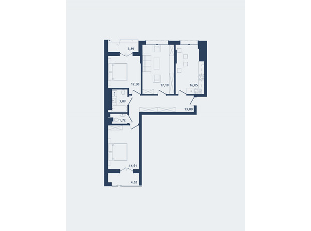 ЖК Престижный 2: планировка 3-комнатной квартиры 85.06 м²