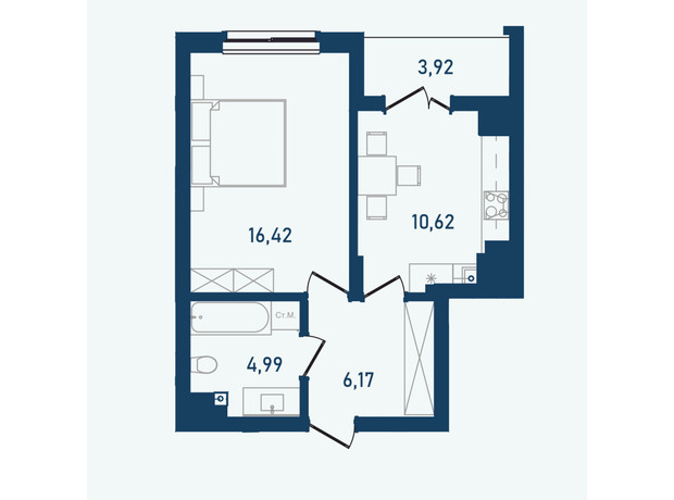 ЖК Престижный 2: планировка 1-комнатной квартиры 42.12 м²