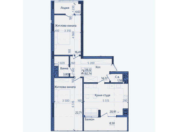 ЖК Престижний 2: планування 2-кімнатної квартири 92.74 м²