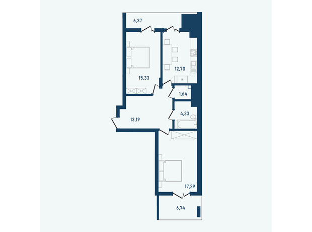 ЖК Престижний 2: планування 2-кімнатної квартири 77.59 м²