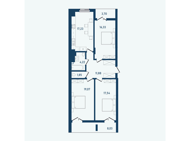 ЖК Престижный 2: планировка 3-комнатной квартиры 99.85 м²