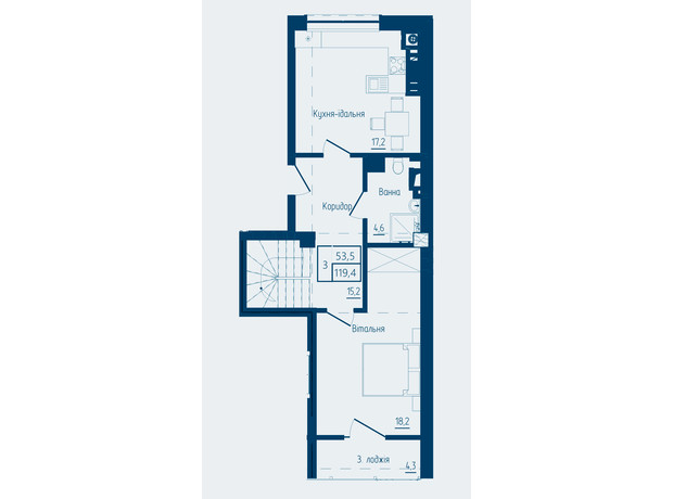 ЖК Престижный 2: планировка 3-комнатной квартиры 119.4 м²