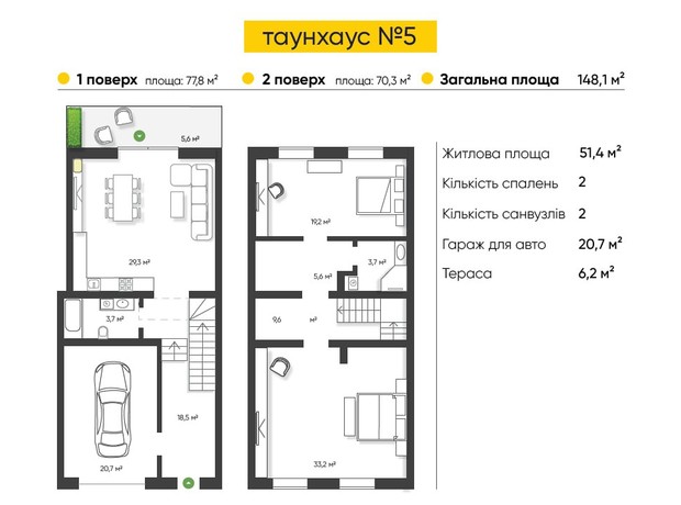 Таунхаус Заріччя: планування 2-кімнатної квартири 148.1 м²