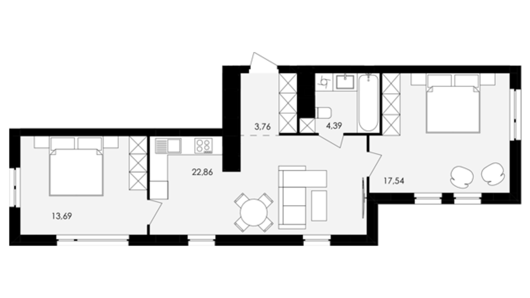 Планировка 2-комнатной квартиры в ЖК Avalon Holiday 62 м², фото 689103