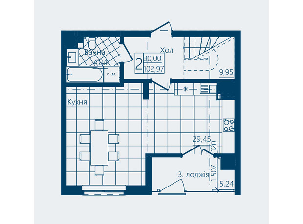 ЖК Престижный 2: планировка 2-комнатной квартиры 102.97 м²