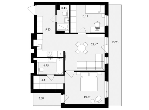 ЖК Avalon Holiday One: планировка 2-комнатной квартиры 70 м²