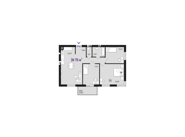 ЖК Долішній: планировка 3-комнатной квартиры 75 м²