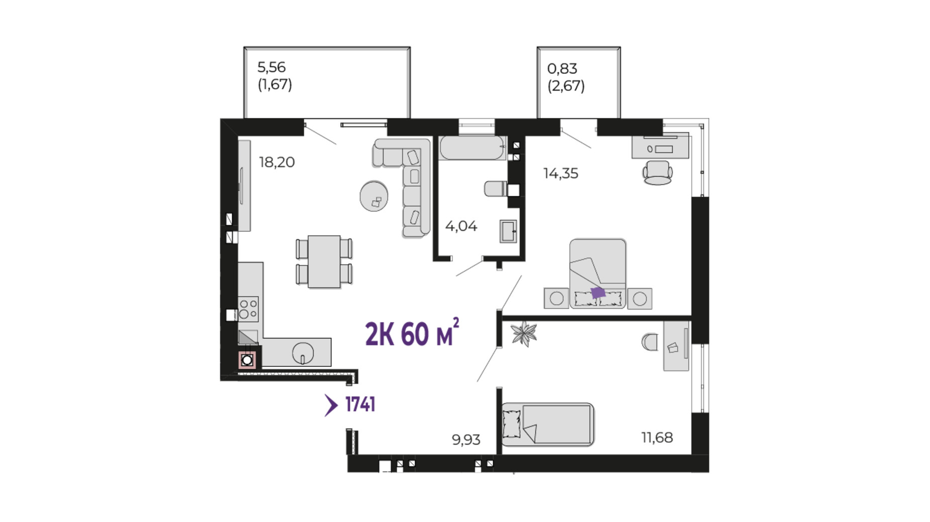 Планування 2-кімнатної квартири в ЖК Долішній 60 м², фото 689920