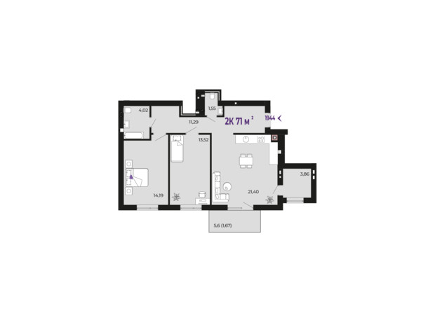 ЖК Долішній: планировка 2-комнатной квартиры 71 м²