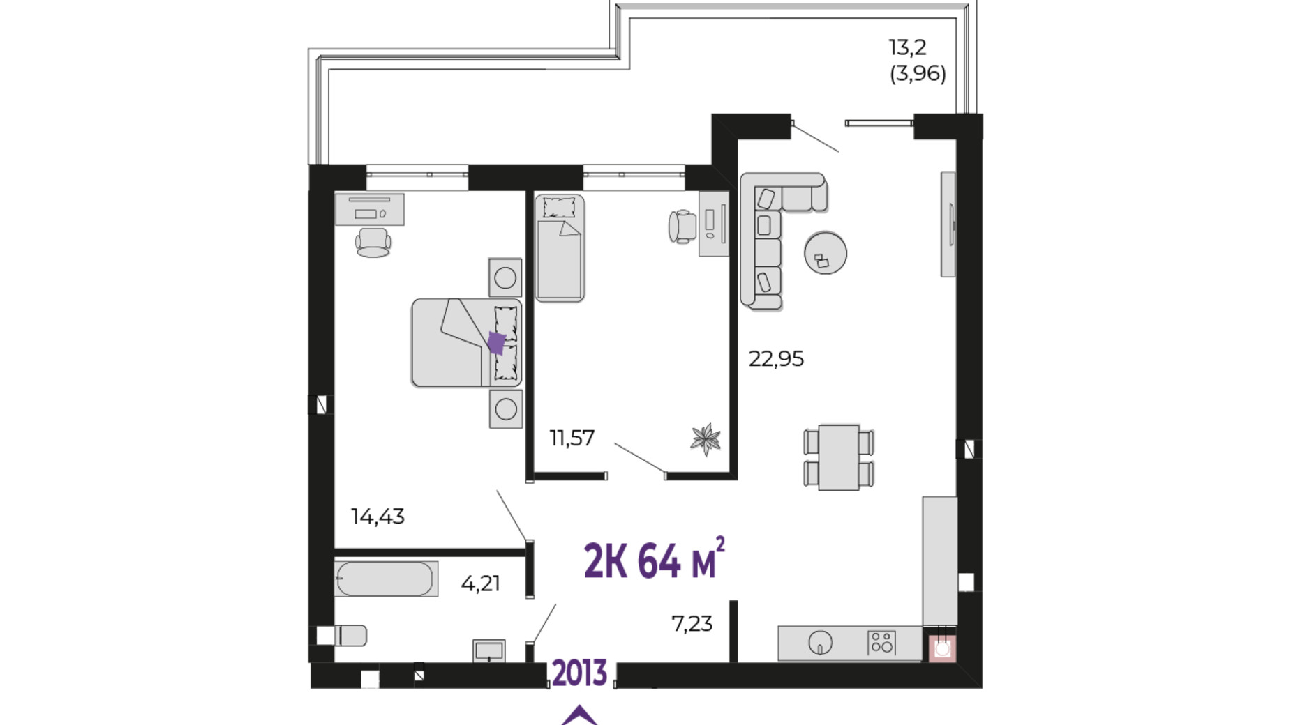 Планування 2-кімнатної квартири в ЖК Долішній 64 м², фото 689936
