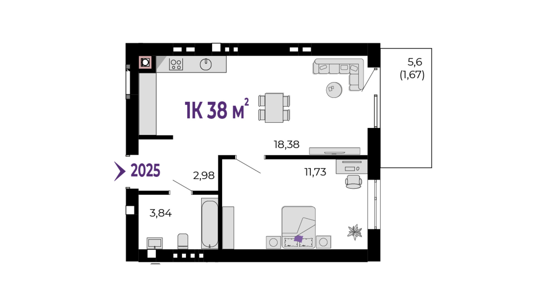 Планування 1-кімнатної квартири в ЖК Долішній 38 м², фото 689940